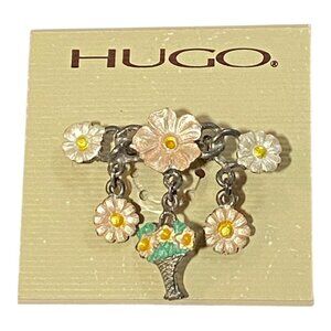 Hugo Art Nouveau Brooch Floral with Dangling Bouquet Charms Silver Pearl Paint